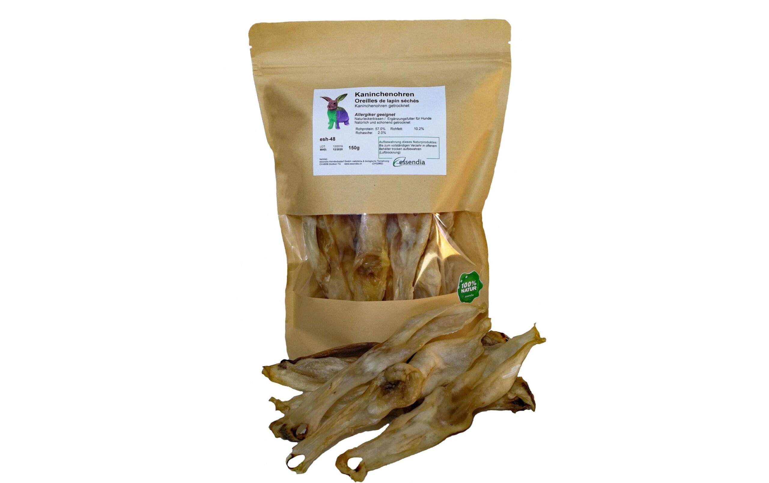 essendia Kausnack Kaninchenohren ohne Fell, 150 g