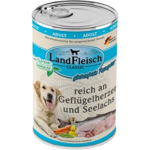 LandFleisch Nassfutter Classic Geflügelherzen und Seelachs, 400 g