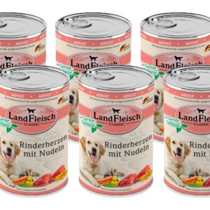 LandFleisch Nassfutter Classic Rinderherzen mit Nudeln, 6 x 400 g