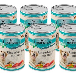 LandFleisch Nassfutter Classic Rinderherzen mit Reis, 6 x 400 g