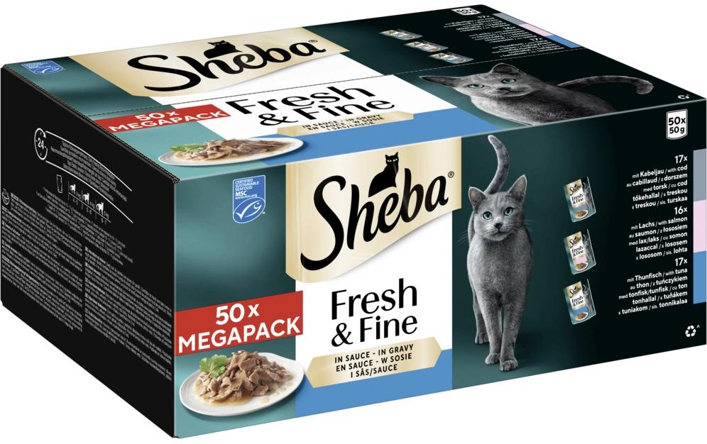 Sheba Nassfutter Sauce mit Kabeljau, Lachs und Thunfisch, 50 x 50g