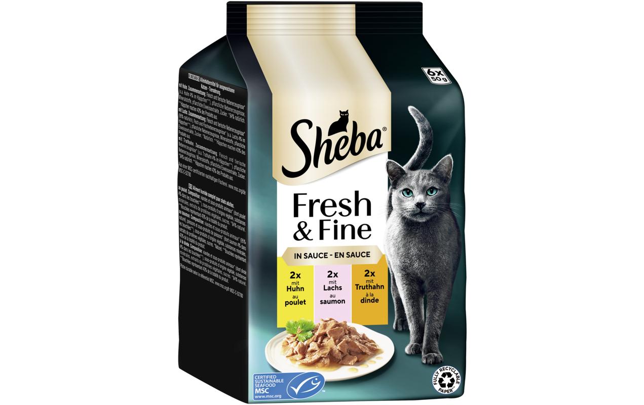 Sheba Nassfutter Sauce mit Huhn, Lachs und Truthahn, 6 x 50g