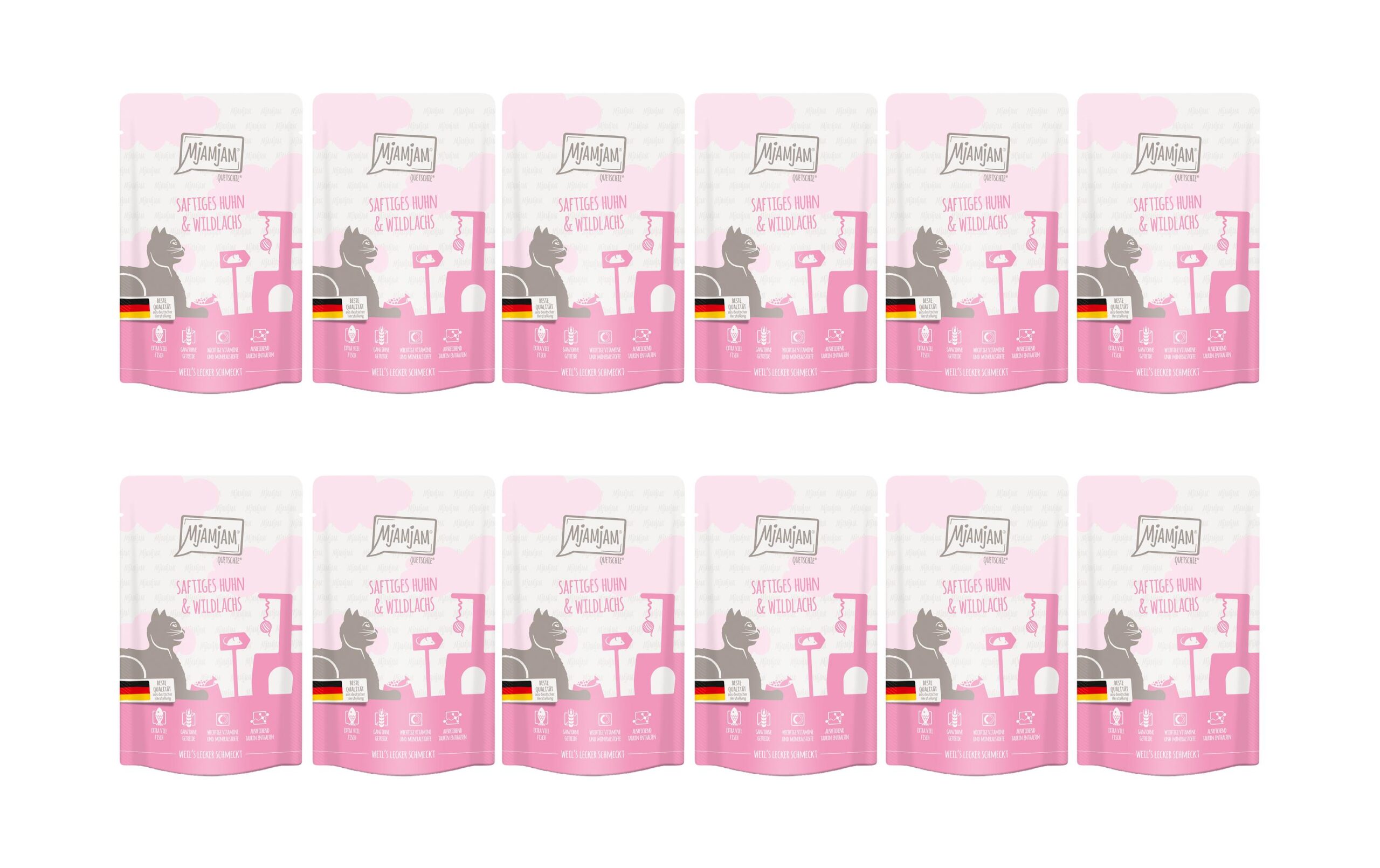 Mjamjam Nassfutter Quetschie Huhn & Wildlachs, 12 x 125 g
