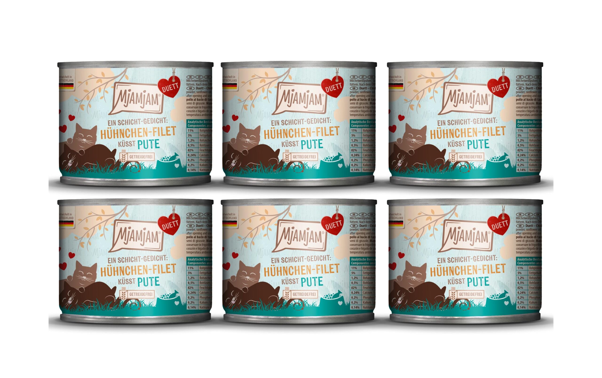 Mjamjam Nassfutter Duett Hühnchen-Filet küsst Pute, 6 x 190 g